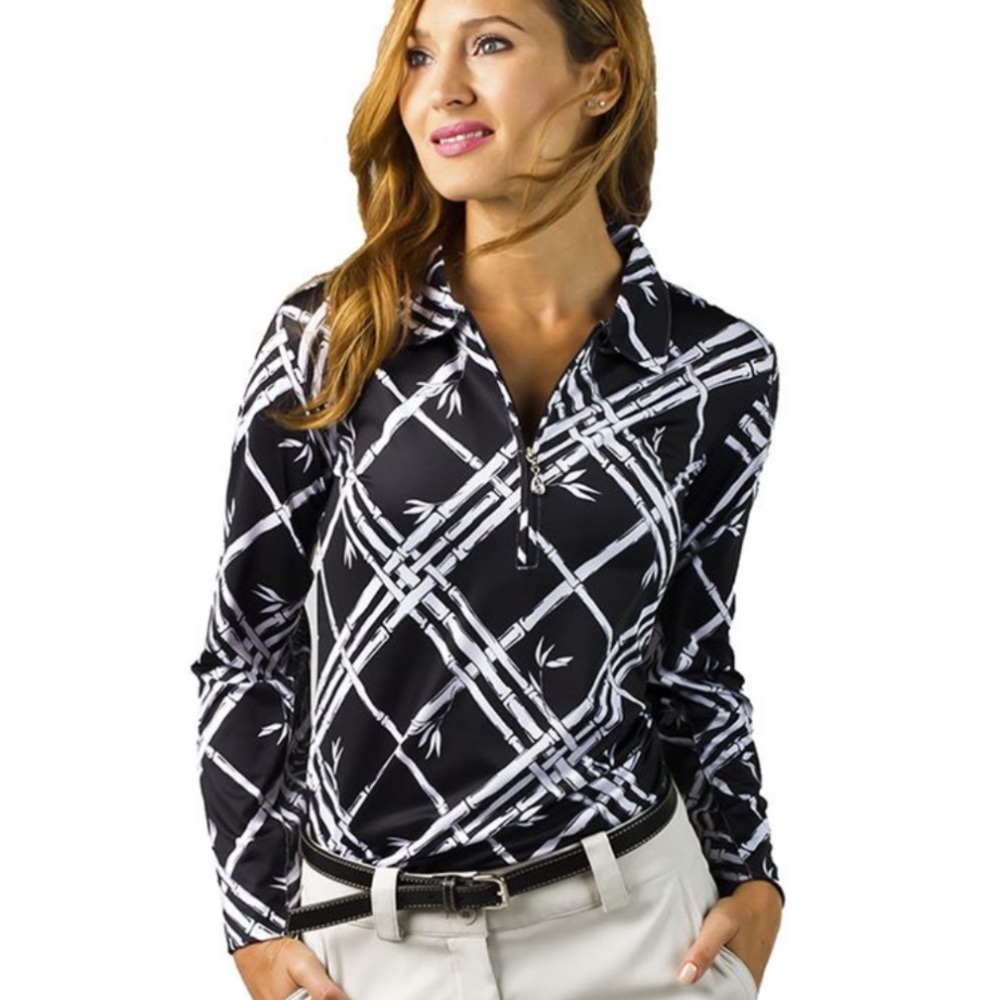 SanSoleil SolCool Black & White Bamboo Diamond Print Zip Polo - Small - EUC